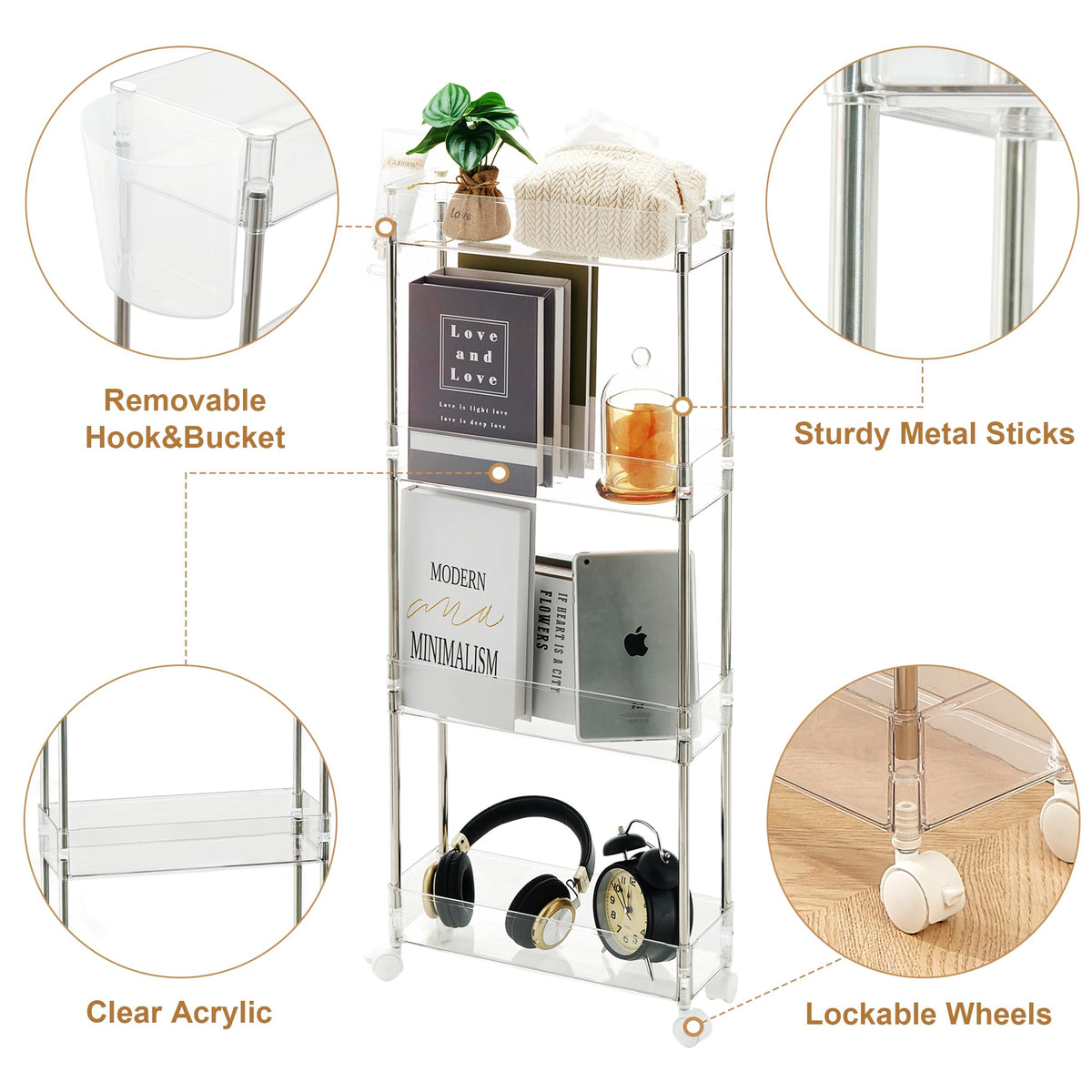 VECELO Acrylic 4-Tier Rolling Cart, Slim Utility Cart for Storage, Mobile Storage Cart with
