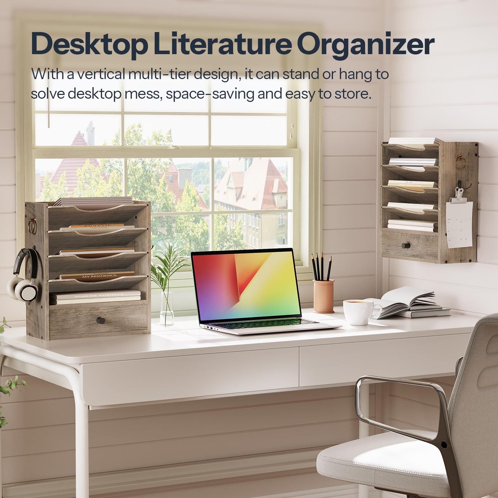 HOOBRO Wall File Organizer, Mail Organizer Wall Mounted, Wooden Mail Sorter, Construction Paper