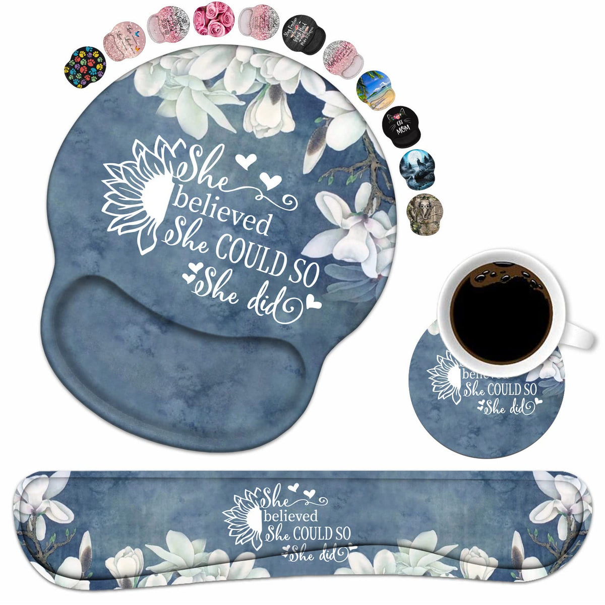 Keyboard Wrist Rest and Mouse Pad Wrist Support Set with Coasters, Inspirational Quote She Believed