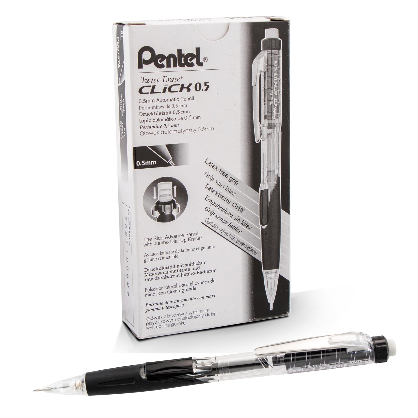 Pentel Twist Erase CLICK Mechanical Pencil, Pack of 12, (0.5mm), Clear Barrel, Black Grip, Box of