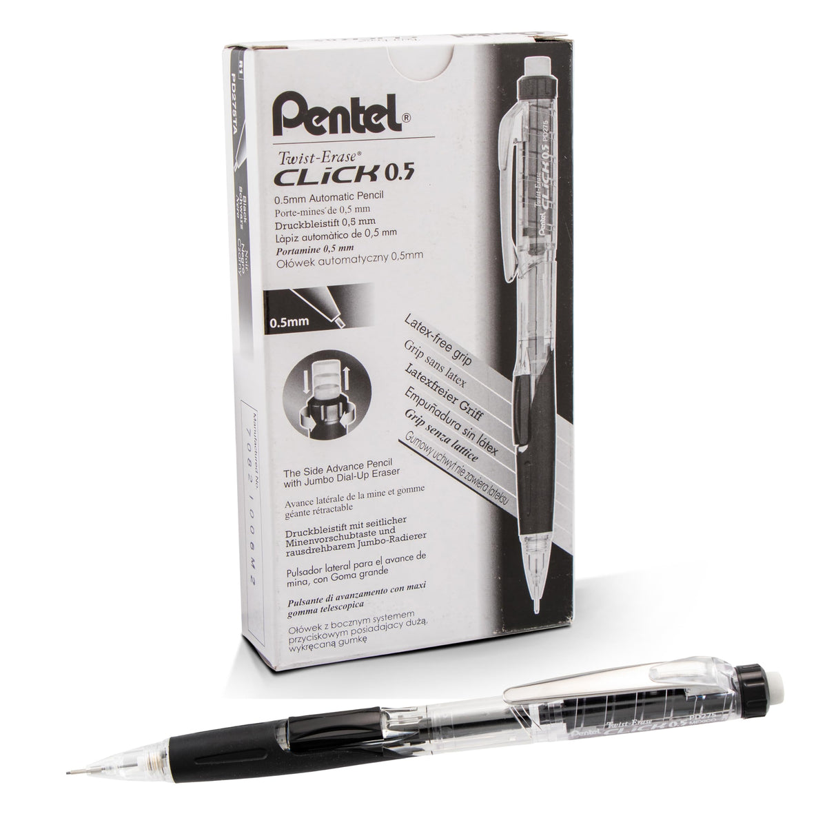 Pentel Twist Erase CLICK Mechanical Pencil, Pack of 12, (0.5mm), Clear Barrel, Black Grip, Box of