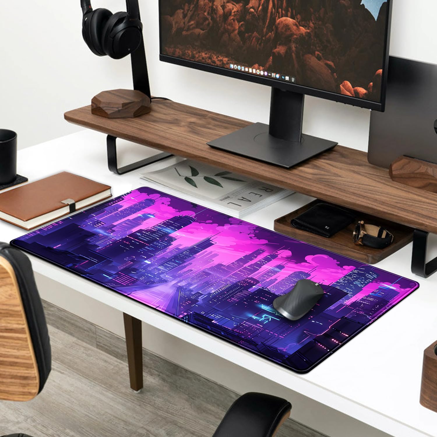 Desk Pad Cyberpunk Purple Desk Mat City Skyline Gaming Extended Mouse Pad Big Office Keyboard Pc