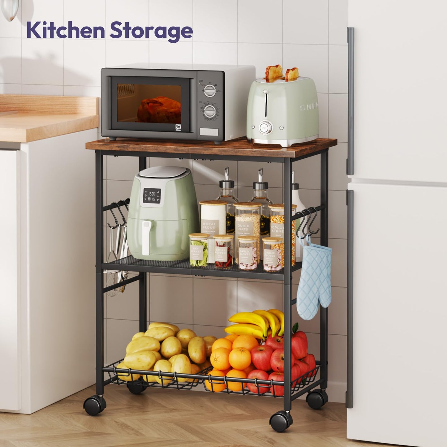 SWTYMIKI Rolling Kitchen Microwave Cart - 3 Tier Microwave Table Stand with Storage Basket and