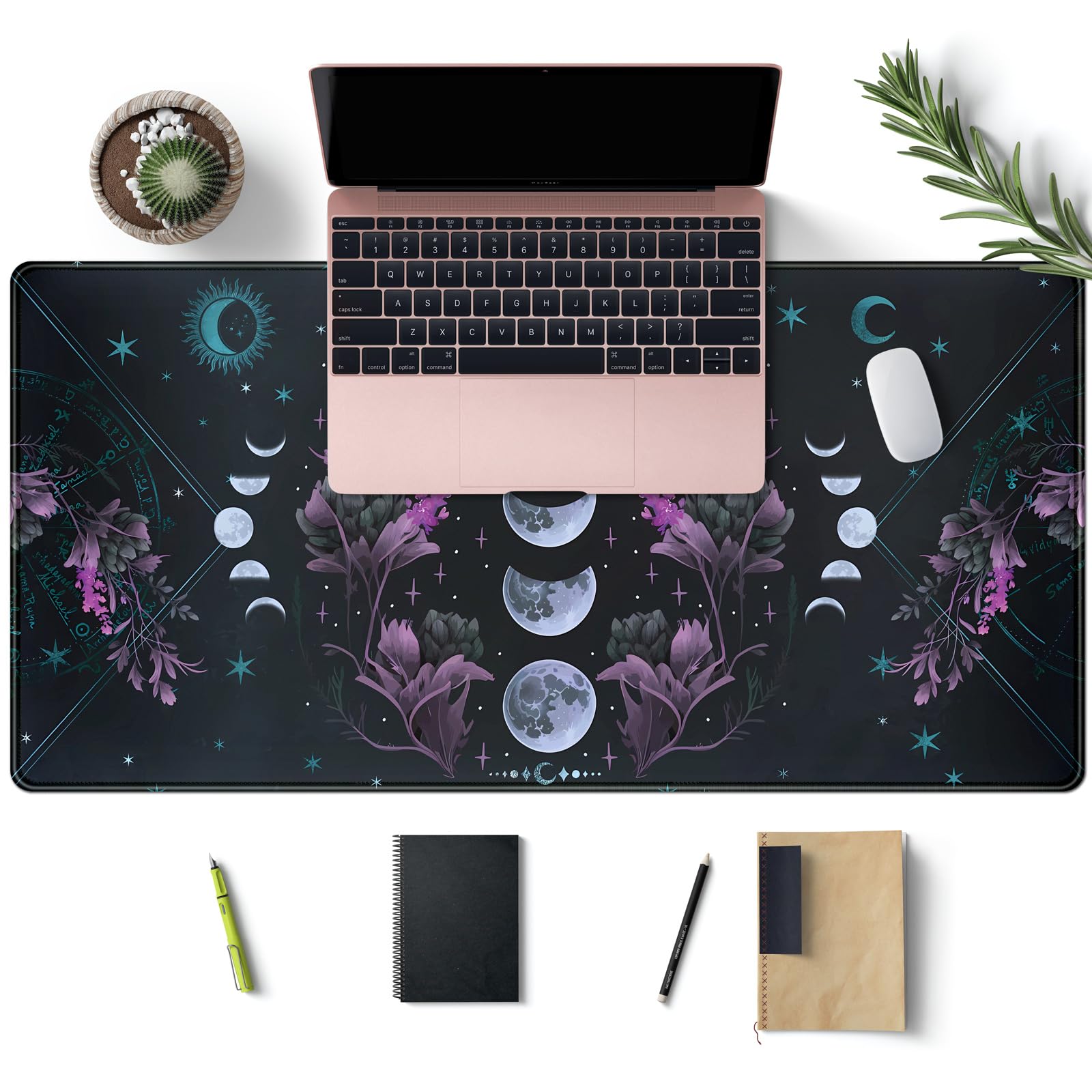 Celestial Moon Phases Mouse Pad Large Purple Desk Mat Forest Extended Gaming Mousepad Violet Teal