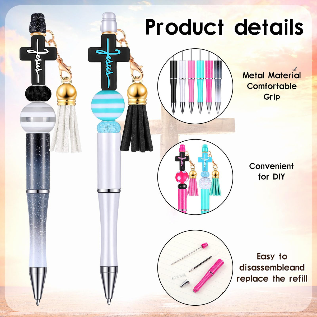 Unittype 12 Pcs Jesus Beadable Pens Kit with Beads Tassels