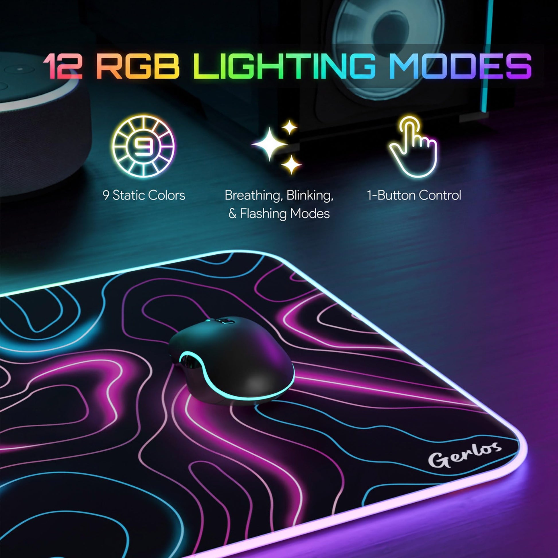 Gerlos RGB Gaming Mouse Pad, Large LED Desk Mat for Gamer, 31.5" x 11.8"