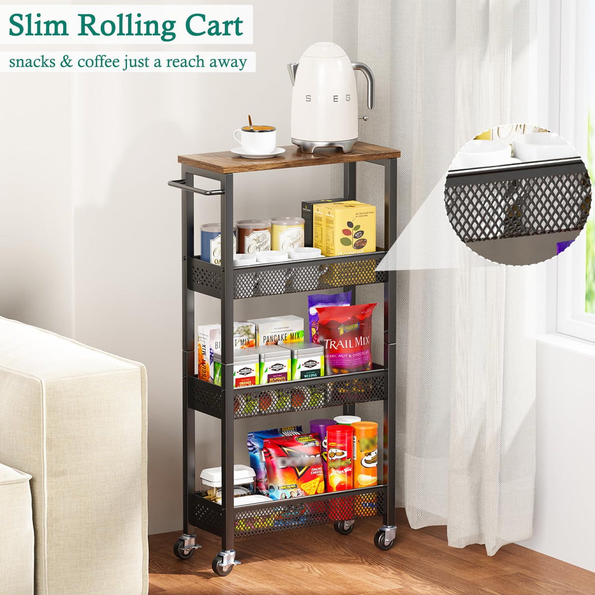 XYZLVSI Utility Slim Storage Cart, 4 Tier Kitchen Narrow Shelf on Wheels