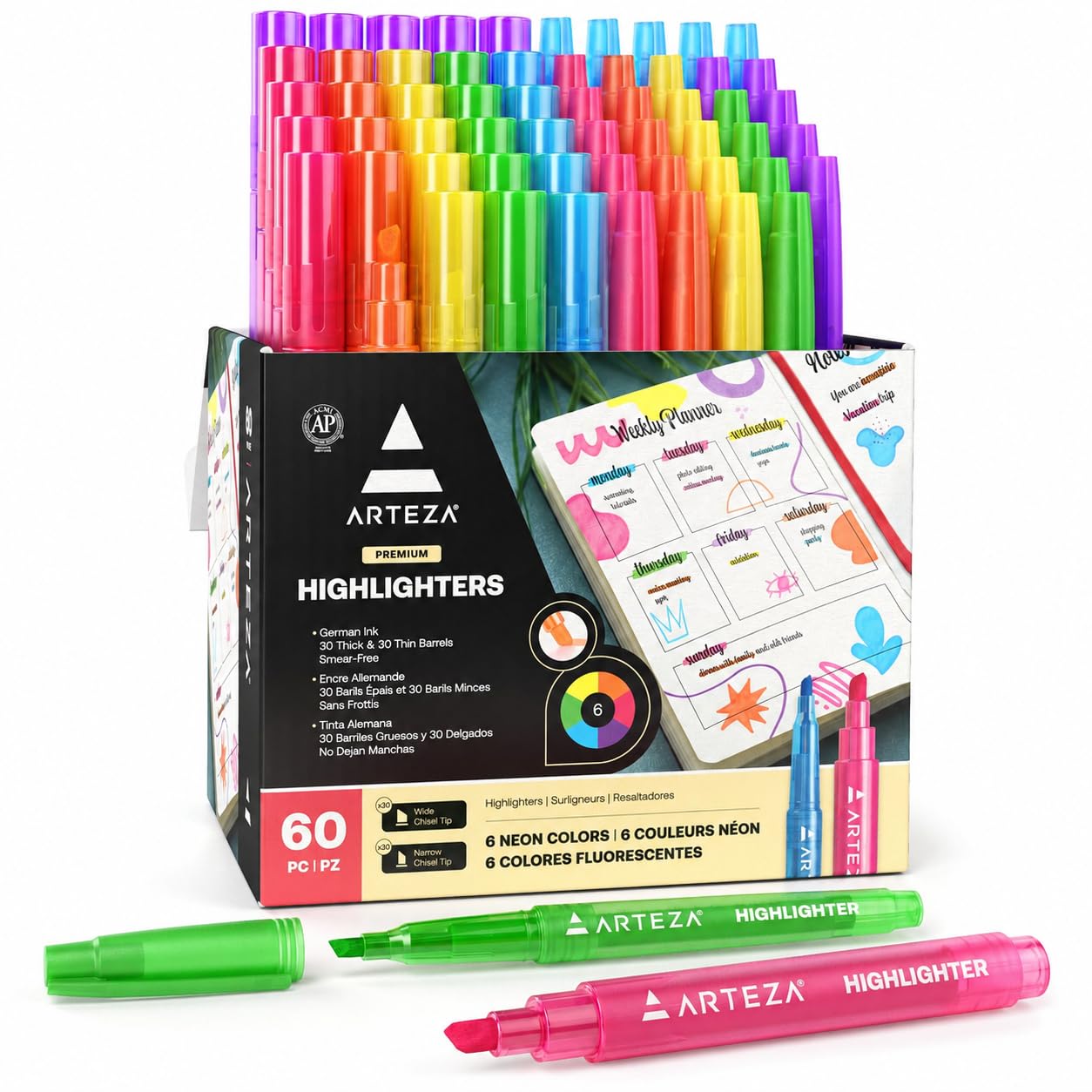 ARTEZA Highlighters, Bulk Set of 60 Neon Colors with Broad & Narrow Chisel Tips, Quick-Dry