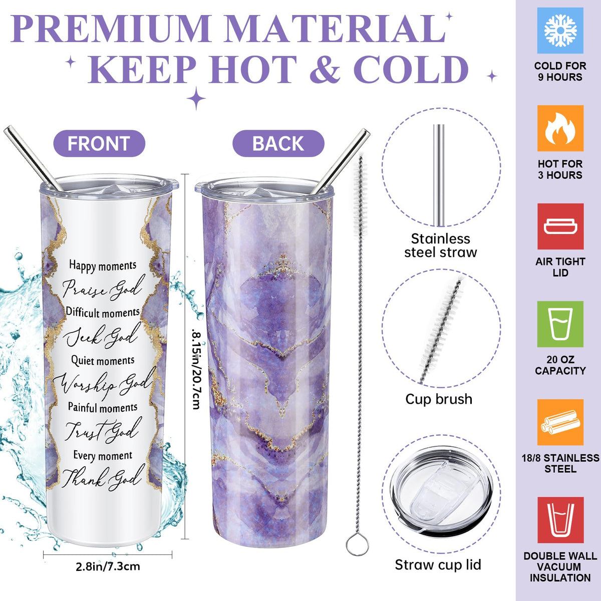 Domensi 6 Pcs Christian Gifts Set, 20 oz Tumbler Notepad Pens, Purple