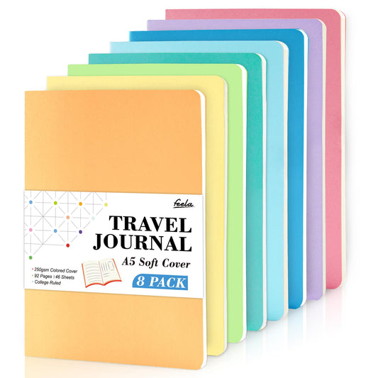 feela 8 Pack Soft Cover Journal Bulk, Notebooks College Ruled for Work, Lined Travel Journal for