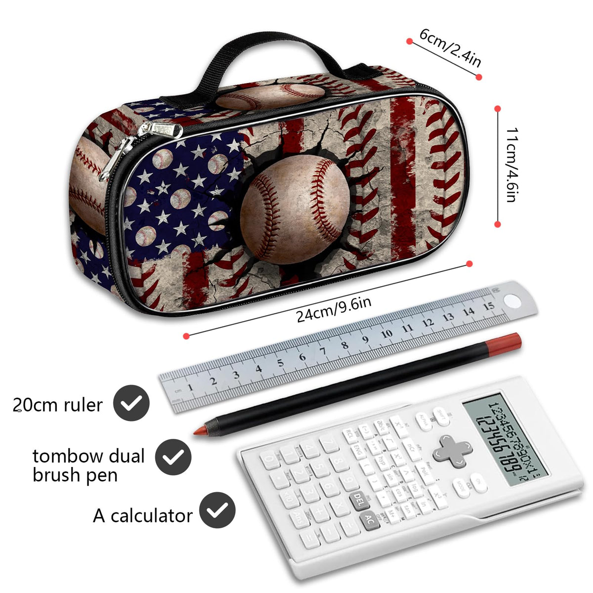 ROVOZAR Baseball Pencil Case, American Flag Baseball Pencil Box for Kids Pen Bag, Large Capacity