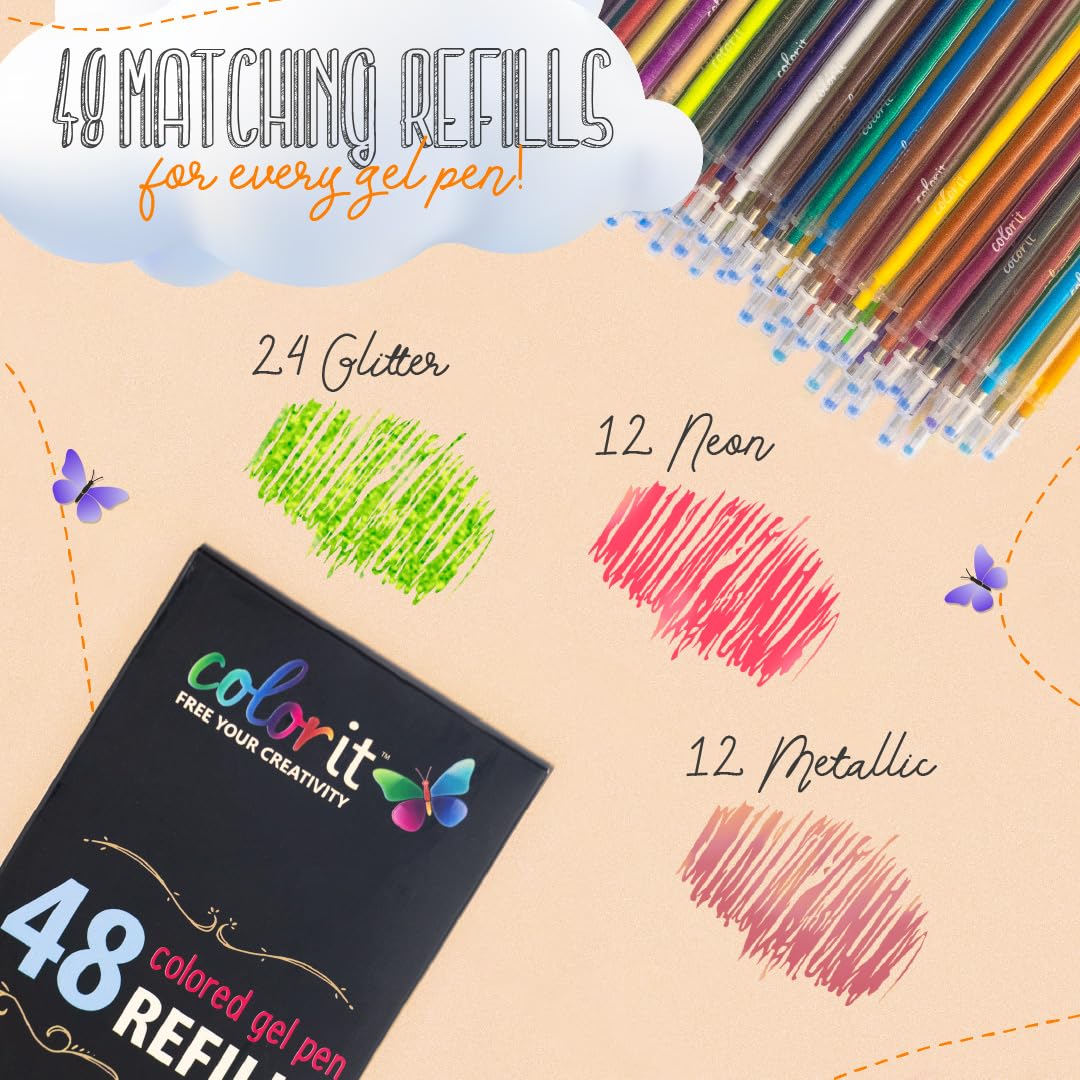 ColorIt Gel Pens for Adult Coloring – 96 Pack with 48 Premium Gel Pens & 48 Refills with 1 Travel