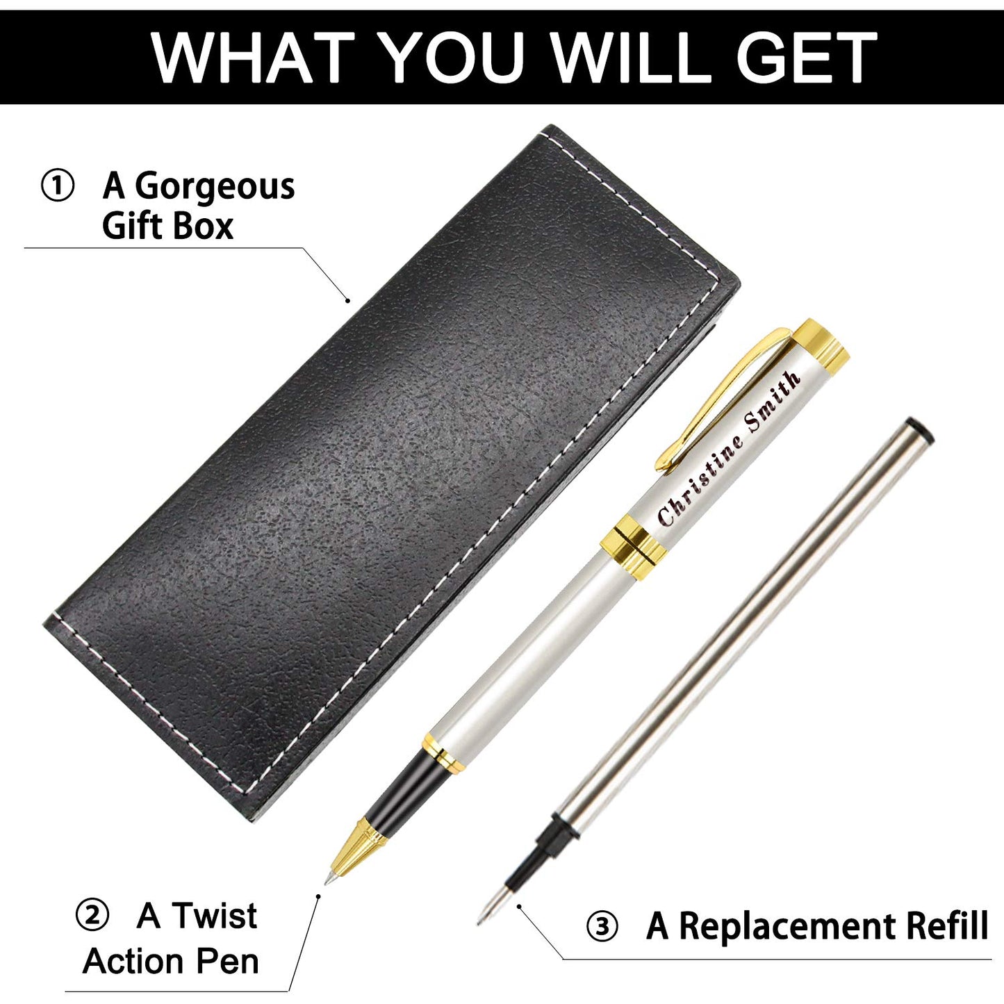 Amlion Personalized Pens Custom Engraved Pen with Name, Refillable Medium Refill, Personalized