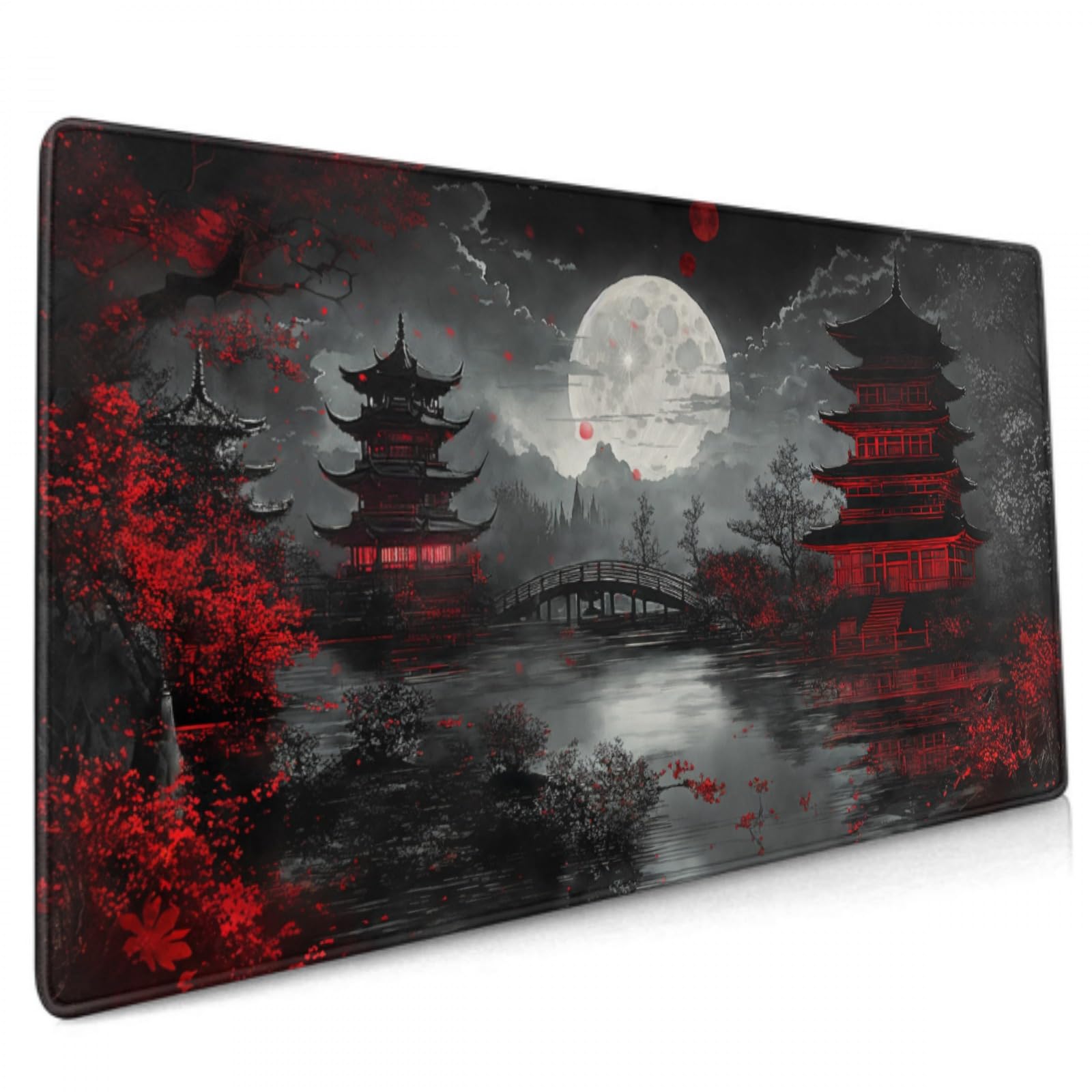 Japanese Mouse Pad XXL 35.4 X 15.7 Inch Black Red Design Style Extended Large Gaming Mousepad