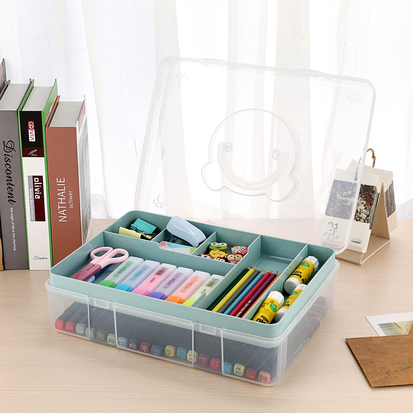 BTSKY 2-Tier Cute Bear Storage Box with Removable Divided Tray Portable Clear Plastic Art Craft