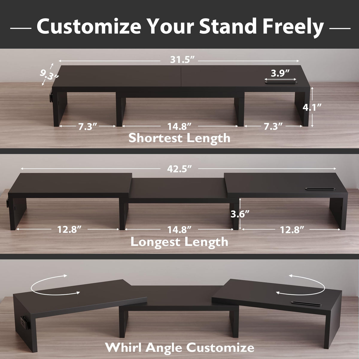 BONTEC Dual Monitor Stand Riser, Adjustable Length & Swivel Angle, Black