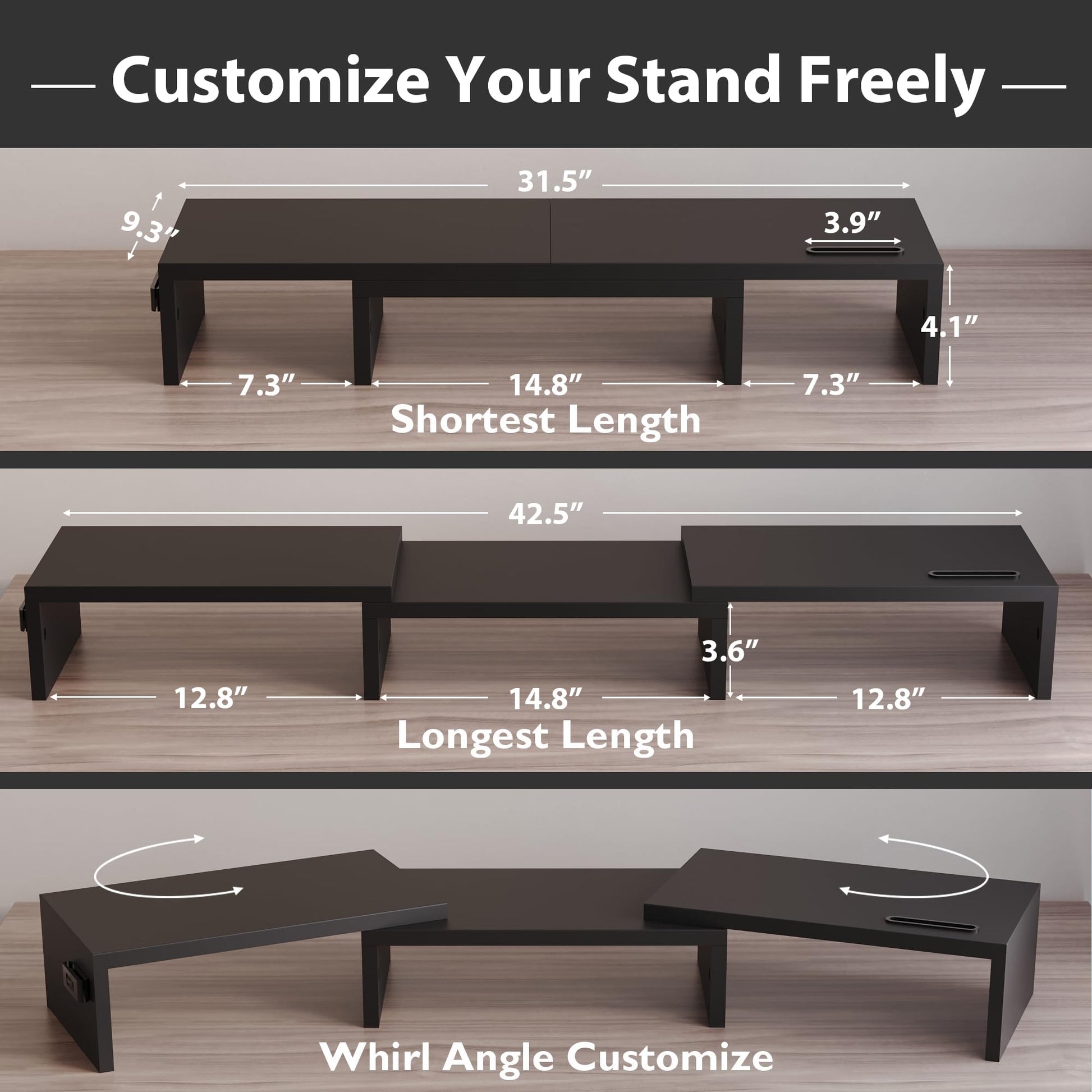 BONTEC Dual Monitor Stand Riser, Adjustable Length & Swivel Angle, Black