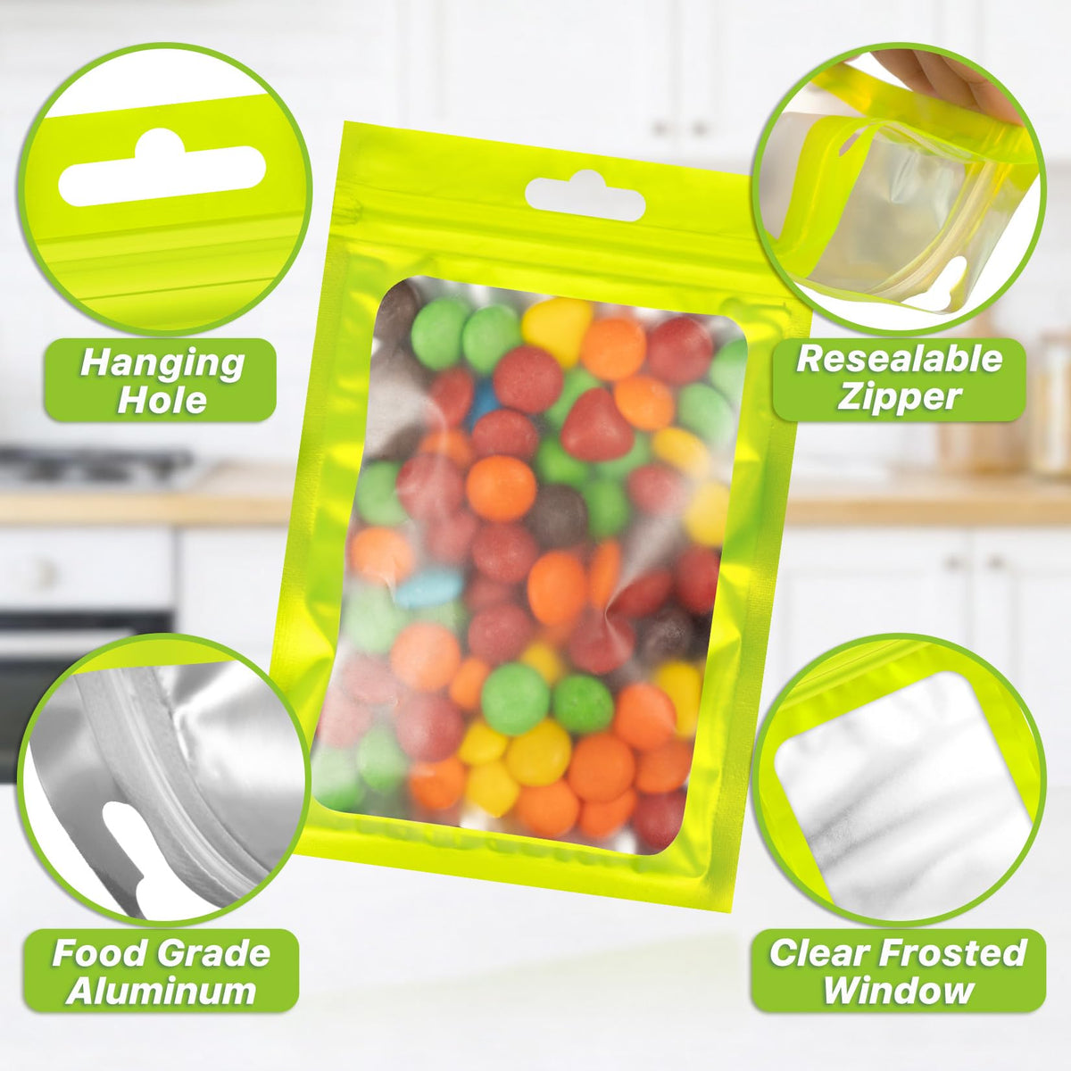 ANZNKU 100Pcs Green Mylar Bags, Resealable Smell Proof Zip Goodie Baggies