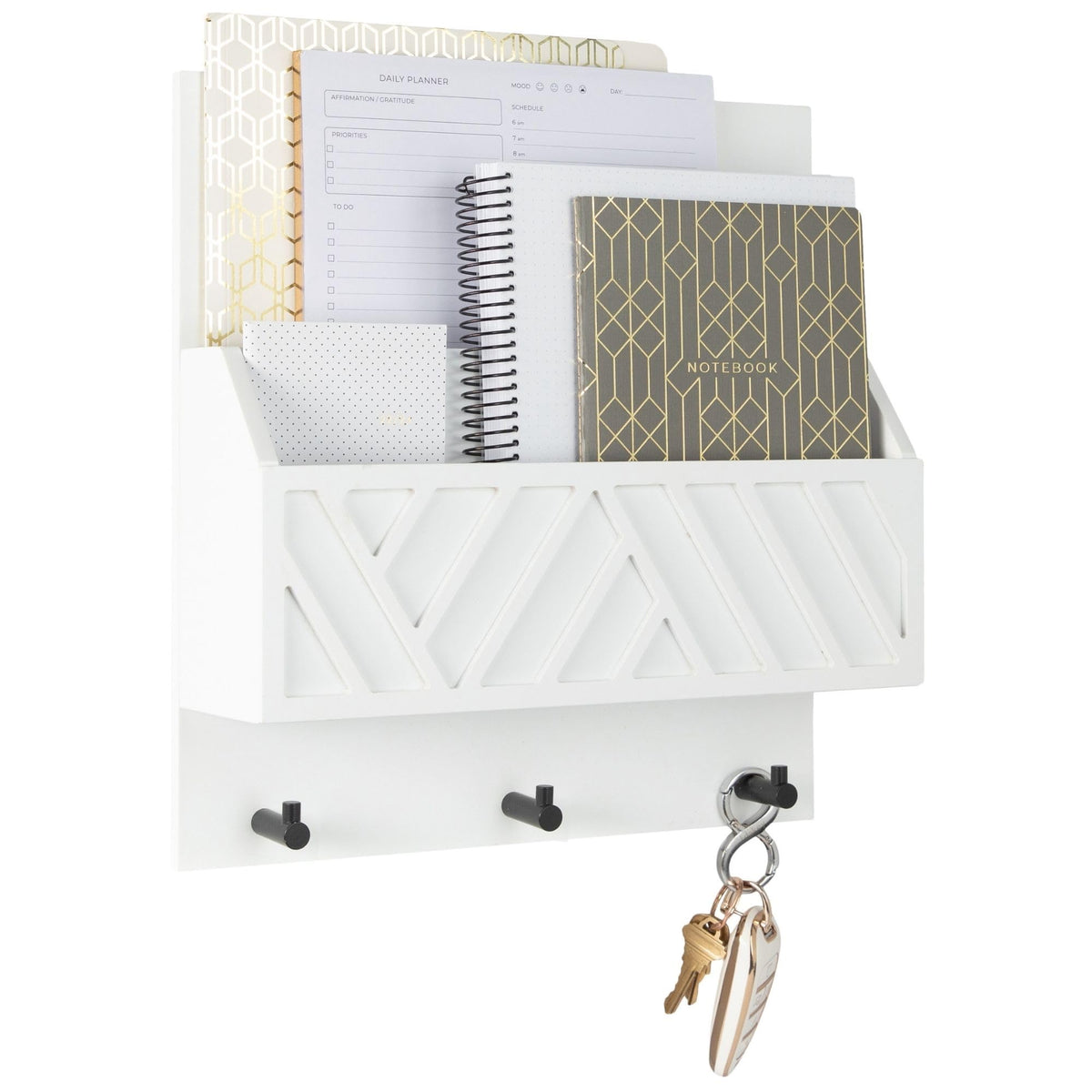 BLU MONACO | Wall Mount Key Holder with Mail Organizer | Wooden Command Center with 3 Hooks and