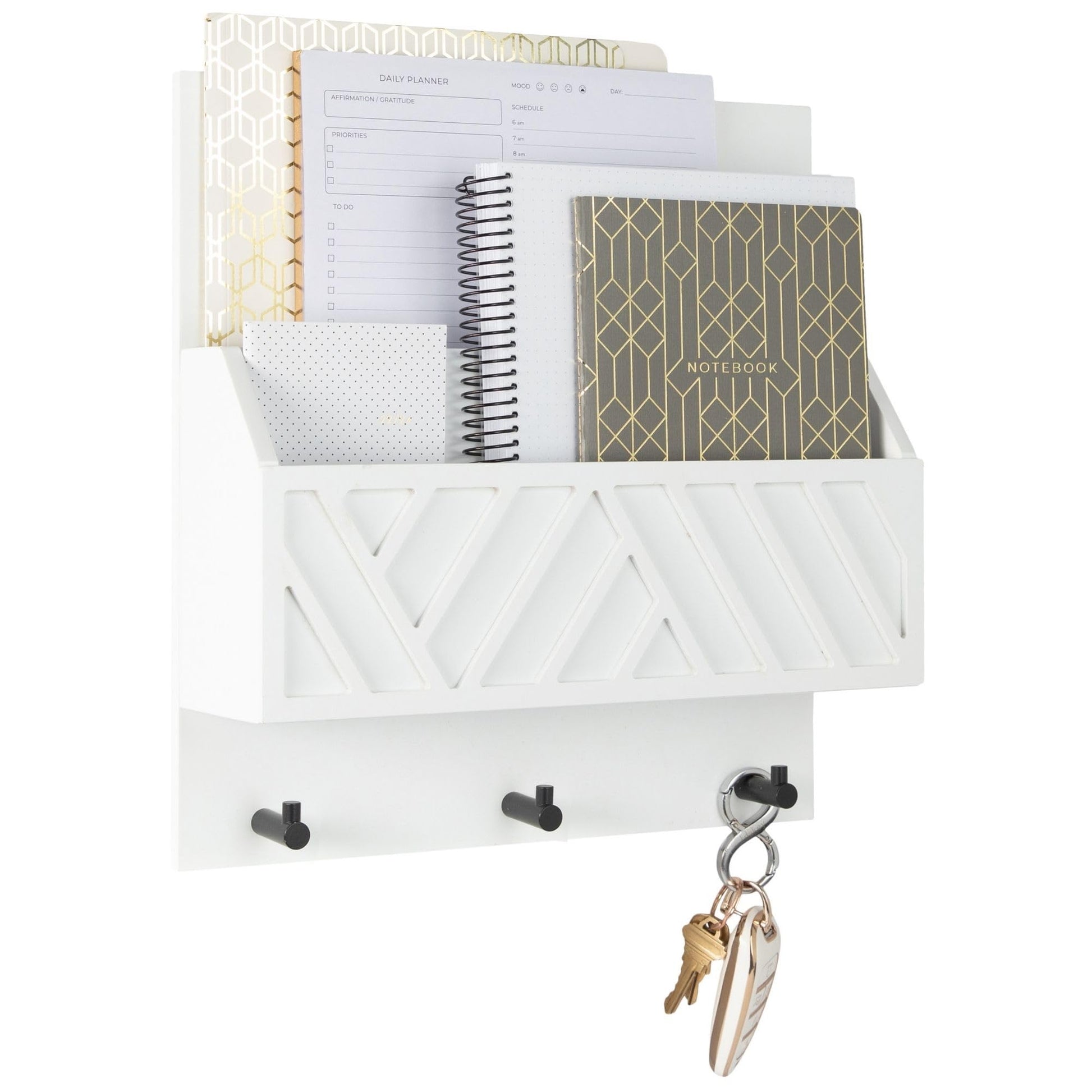 BLU MONACO | Wall Mount Key Holder with Mail Organizer | Wooden Command Center with 3 Hooks and