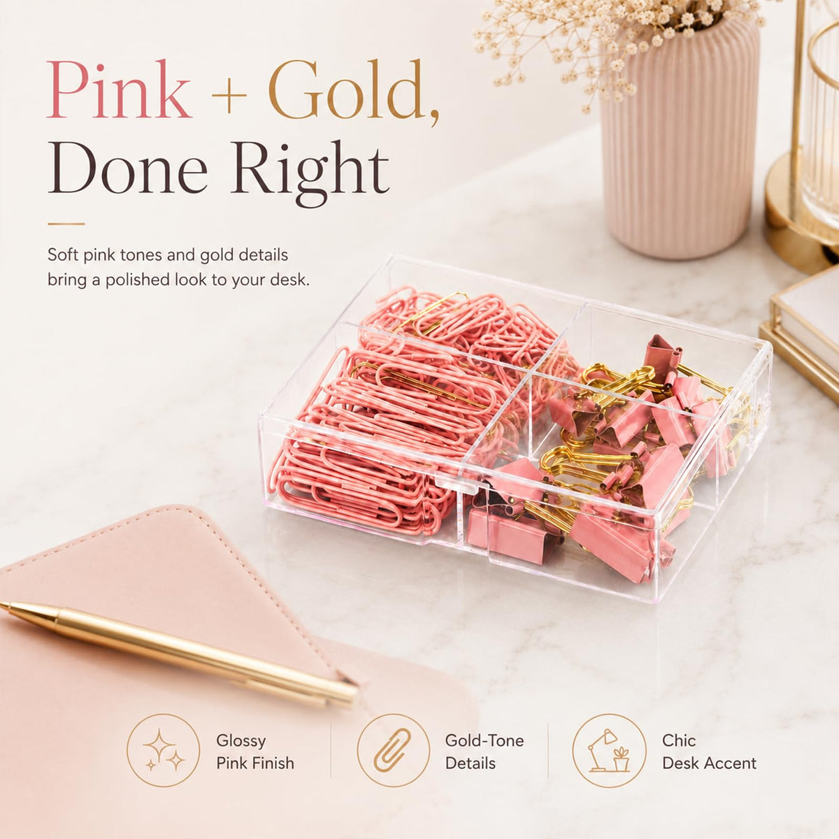 Creechwa Paper Clips and Binder Clips Set, Pink & Gold, Assorted Size Clips
