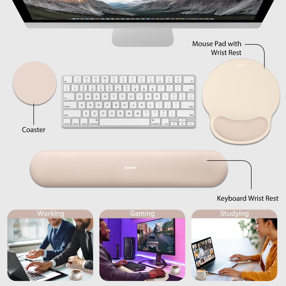 Sushret Mouse Pad and Keyboard Wrist Rest, 3-in-1 Gel Memory Foam Ergonomic Mouse Pad with Wrist
