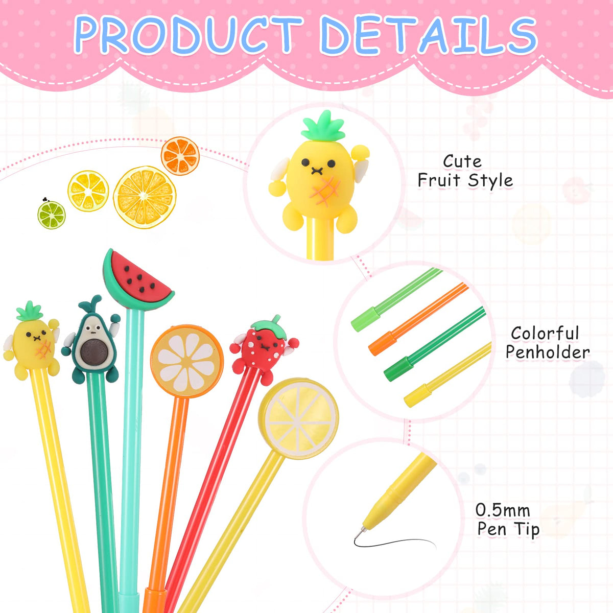 Containlol 48 Pcs Cartoon Cute Fun Pens Bulk Black Gel Ink, Colorful Fruit