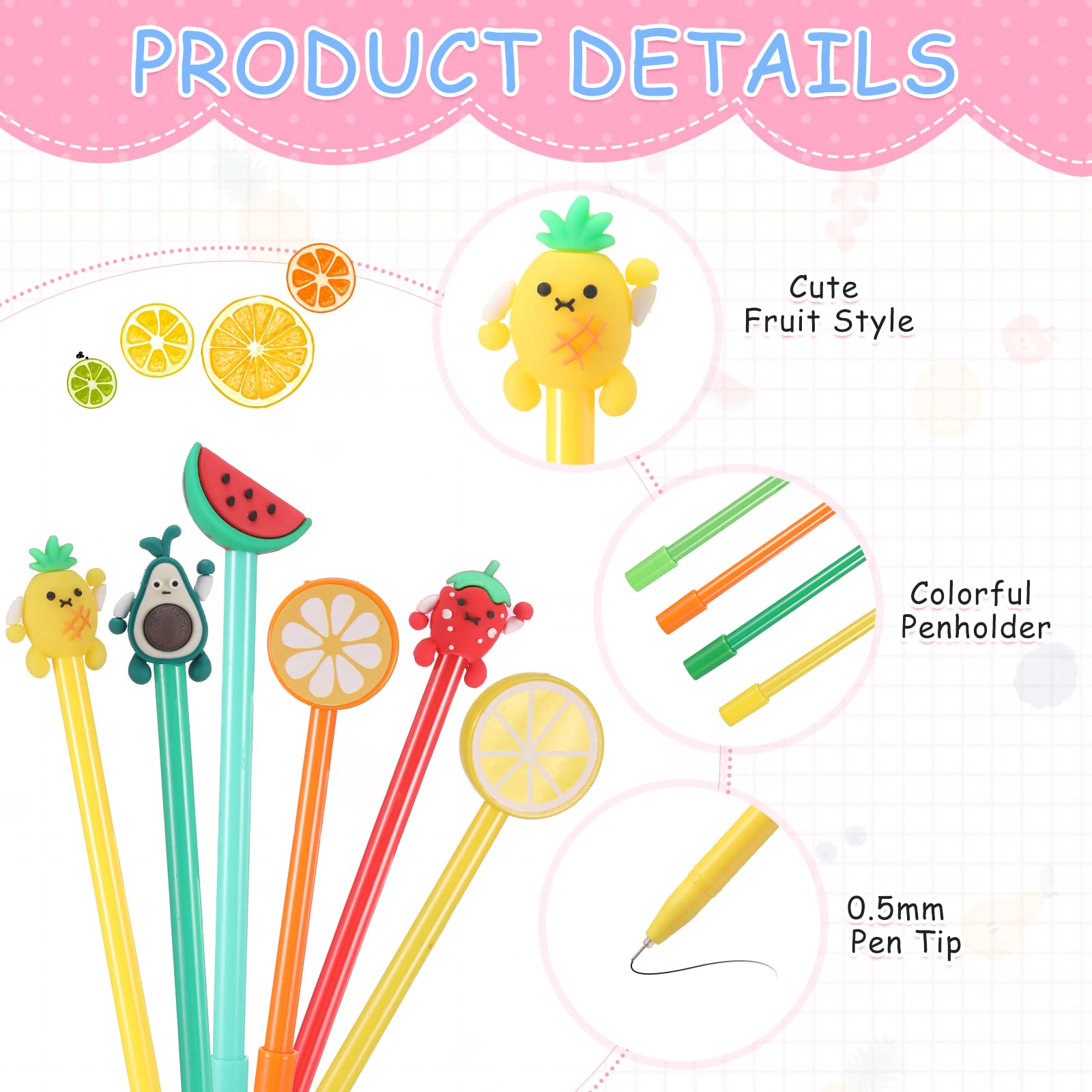 Containlol 48 Pcs Cartoon Cute Fun Pens Bulk Black Gel Ink, Colorful Fruit