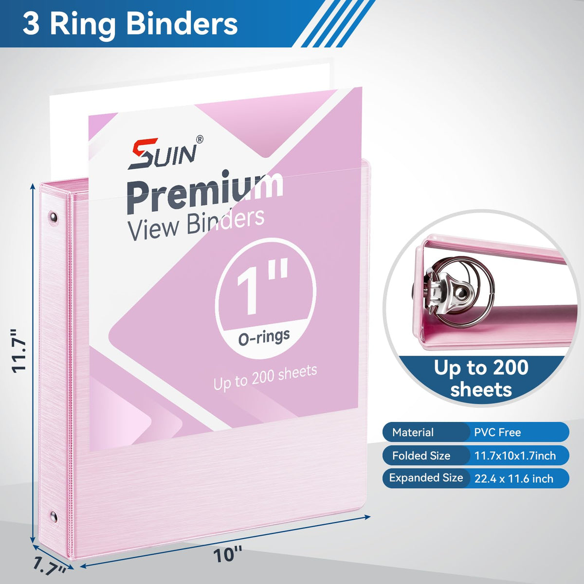 SUIN 1-inch 3 Ring Binder with 2 Interior Pockets, 1''Durable Binders Holds US Letter Size 8.5'' x