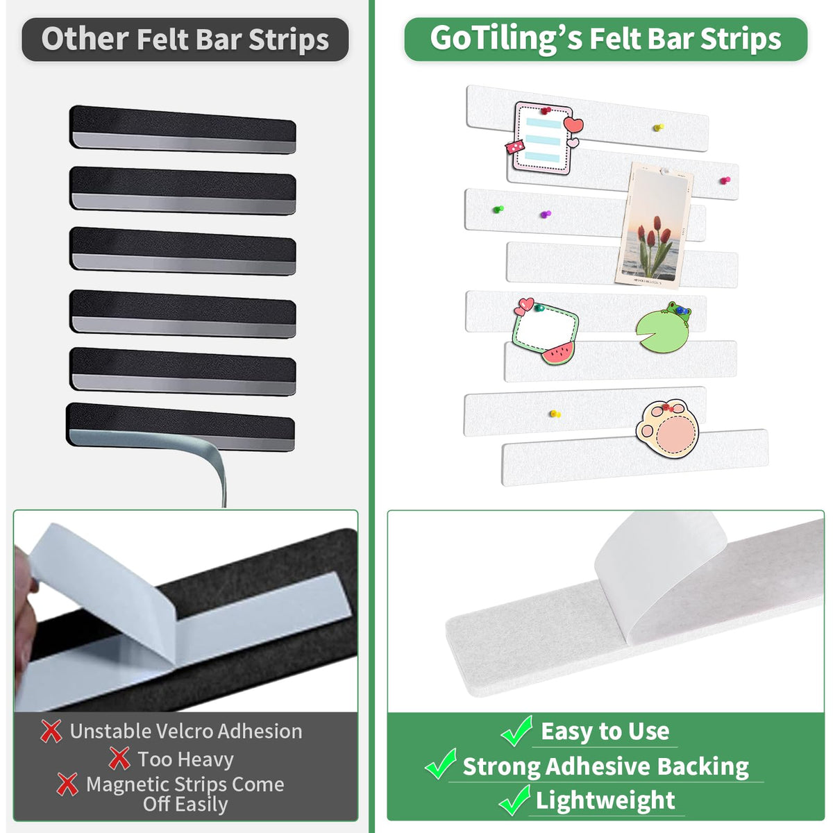 GoTiling Cork Board for Walls - 8 Pack Felt Pin Board Bar Strips - Self-Adhesive Lightweight