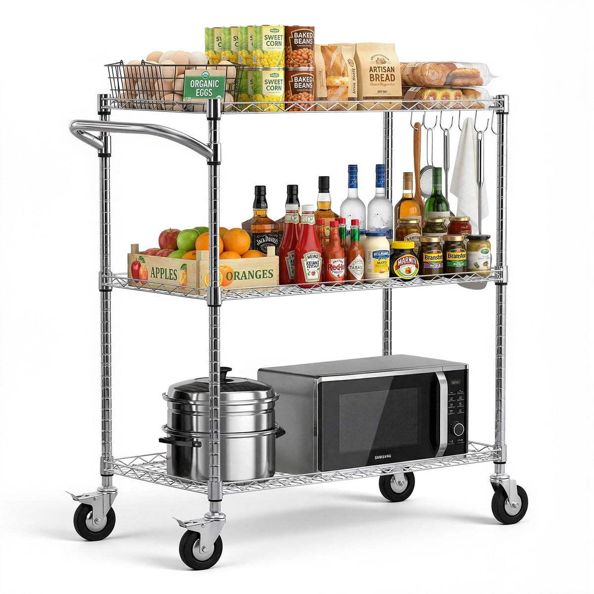 VEVOR 3 Tier Rolling Utility Cart, 661 lbs Static Capacity, Heavy Duty Adjustable Wire Storage Cart
