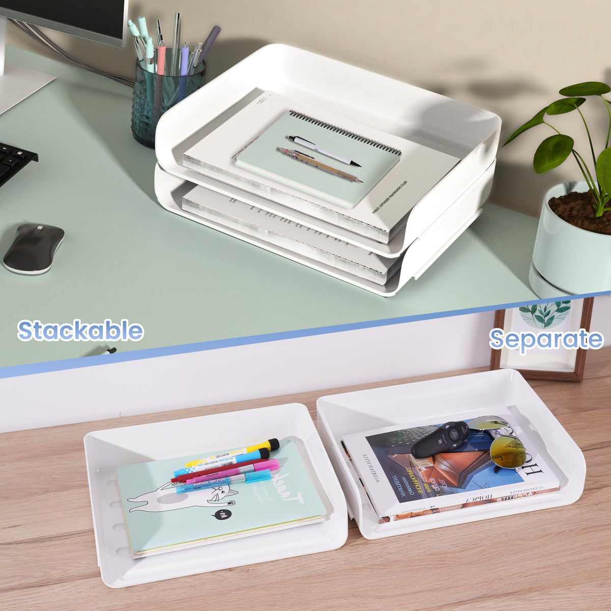 Tomorotec 2 Pack White Stackable Letter Tray, A4 Desk File Organizer Set