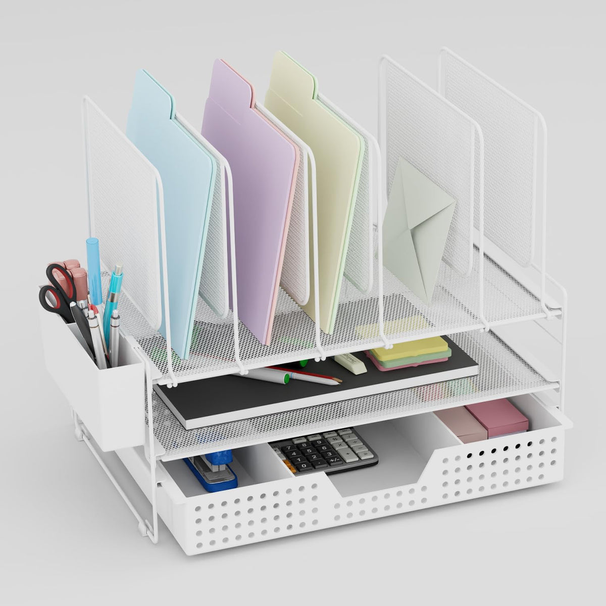 LEKETREE Desk Organizer, Office Organization with Vertical File Holder, File Organizer with Drawer