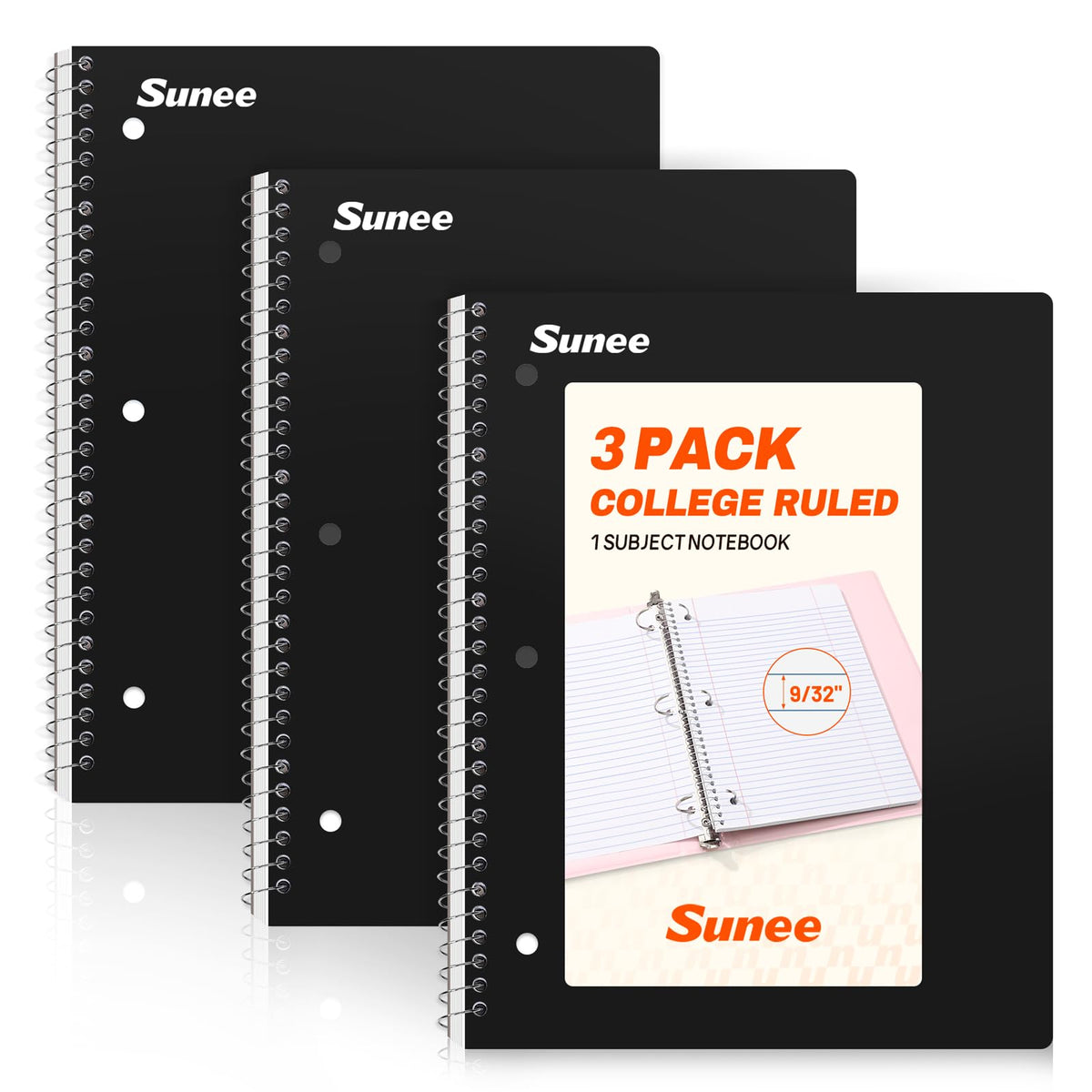 SUNEE Spiral Notebooks, 3 Pack, 1-Subject, College Ruled Paper, 8" x 10-1/2", 70 Sheets per