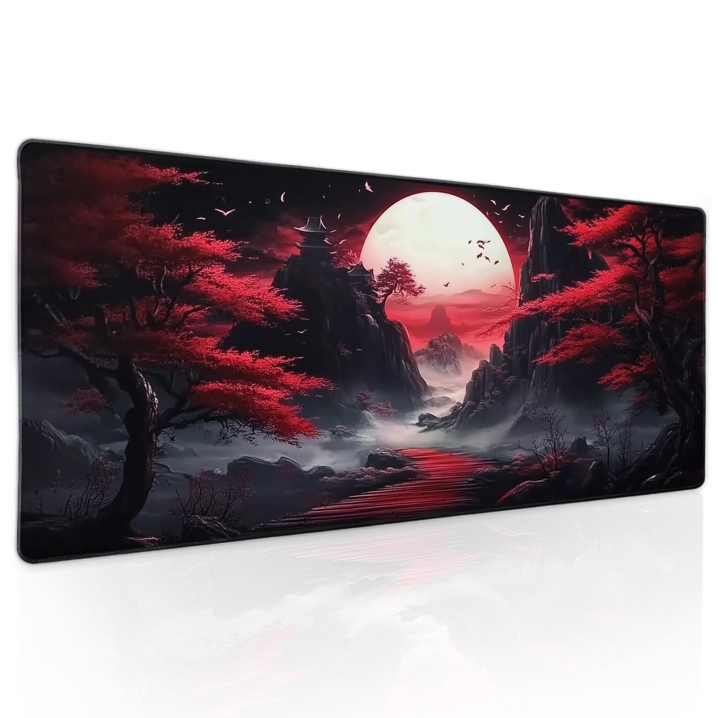 Black Red Japanese Mouse Pad XL Moon Sakura Cherry BLoosm Tree Extended Table Mat 80X30 cm Non-Slip