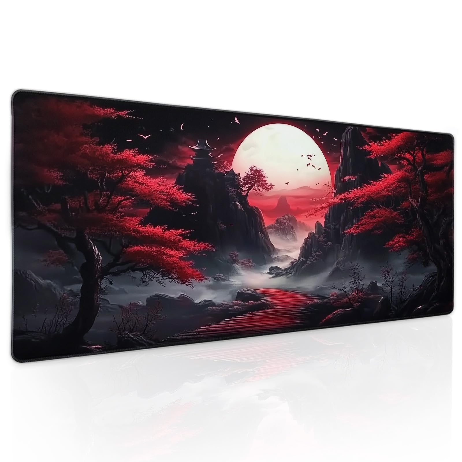 Black Red Japanese Mouse Pad XL Moon Sakura Cherry BLoosm Tree Extended Table Mat 80X30 cm Non-Slip