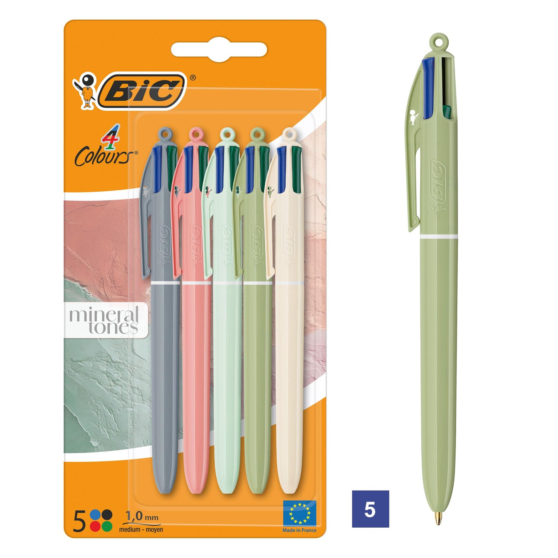 BIC 4 Colours Mineral Ballpoint Pen Medium Tip (1.00mm) - Assorted Barrel Colours Pack of 5