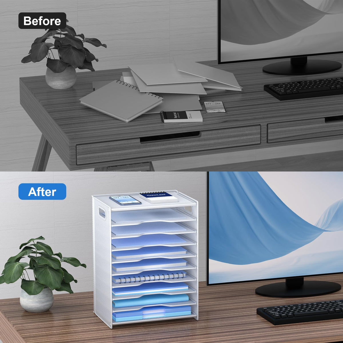 OUTWOLF 10 Tier Paper Organizer - Letter Tray Mesh Desk File Organizer with Handles for Office
