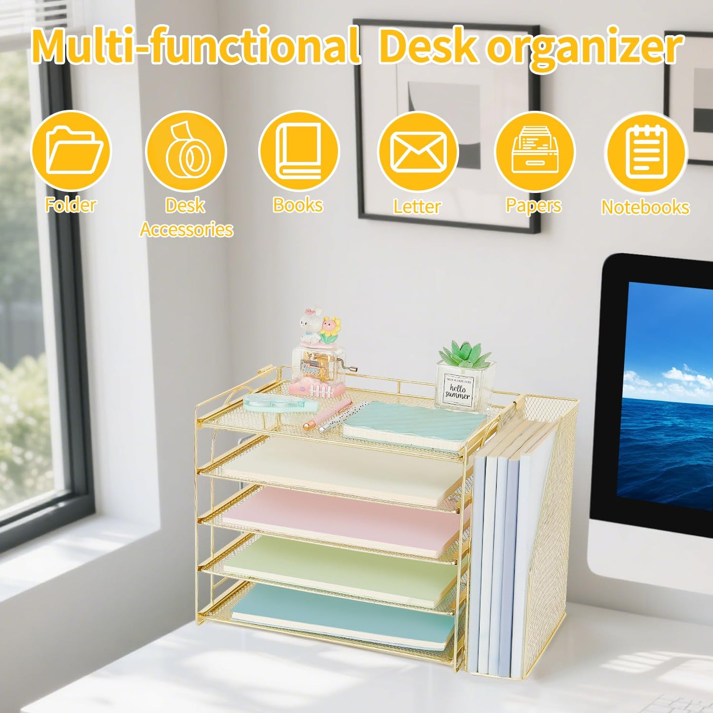 AUPSEN Gold Desk Organizers and Accessories, 5-Tier Desktop Paper File Organizer with Removable