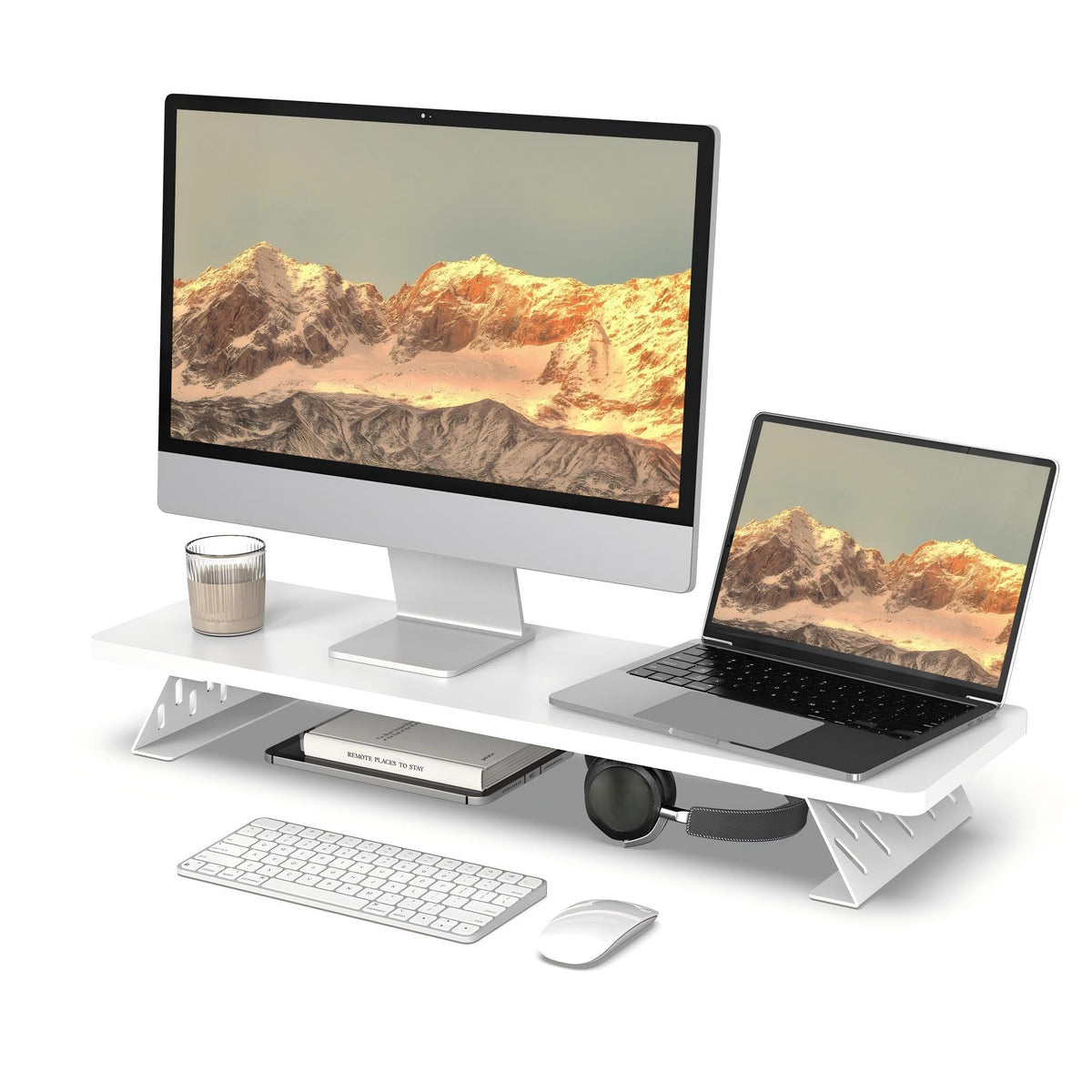 Fenge Monitor Stand Riser, Wooden & Metal Desk Shelf Organizer, White