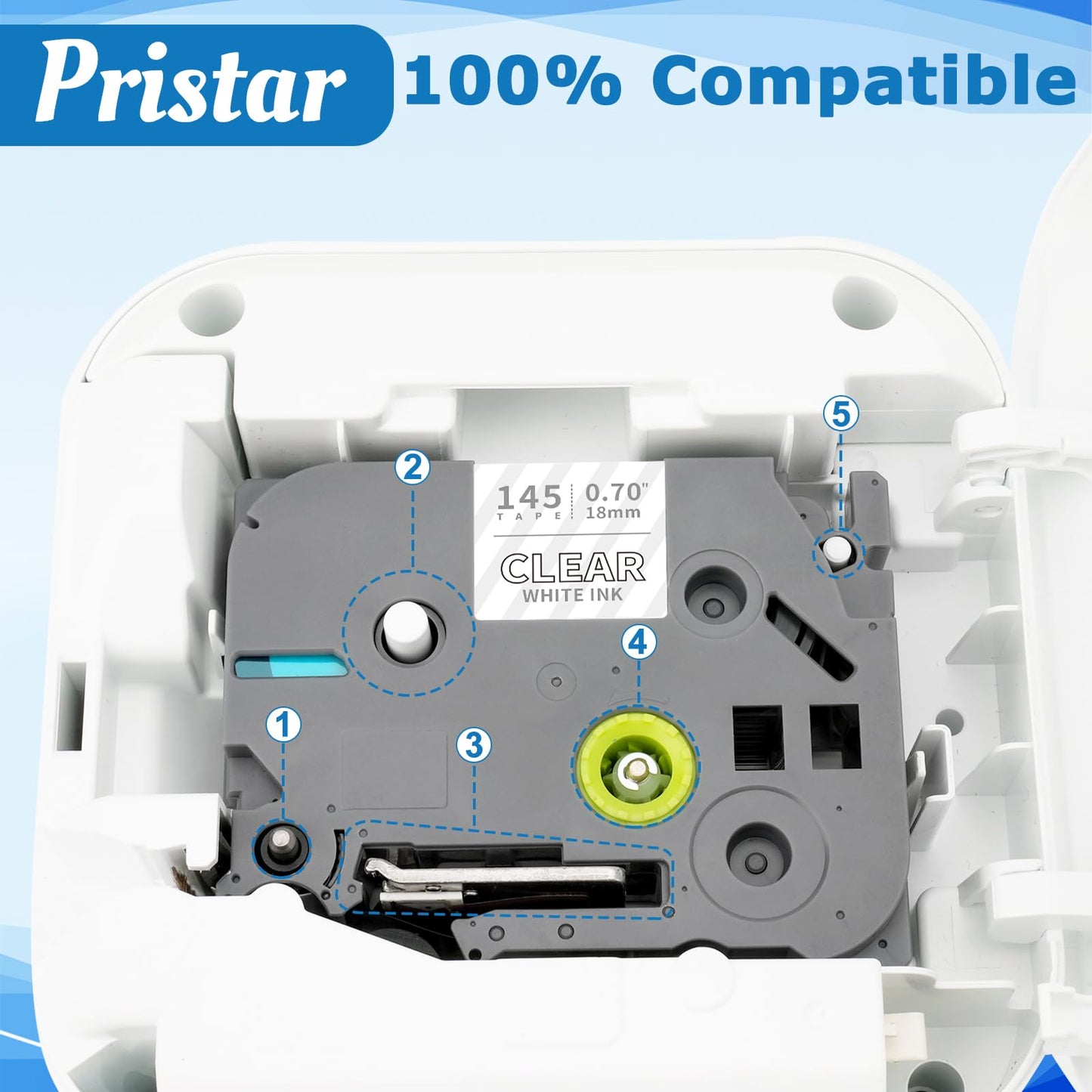 Pristar White Clear TZ Label Tape 18mm TZe-145 TZe145 White on Clear 3-Pack