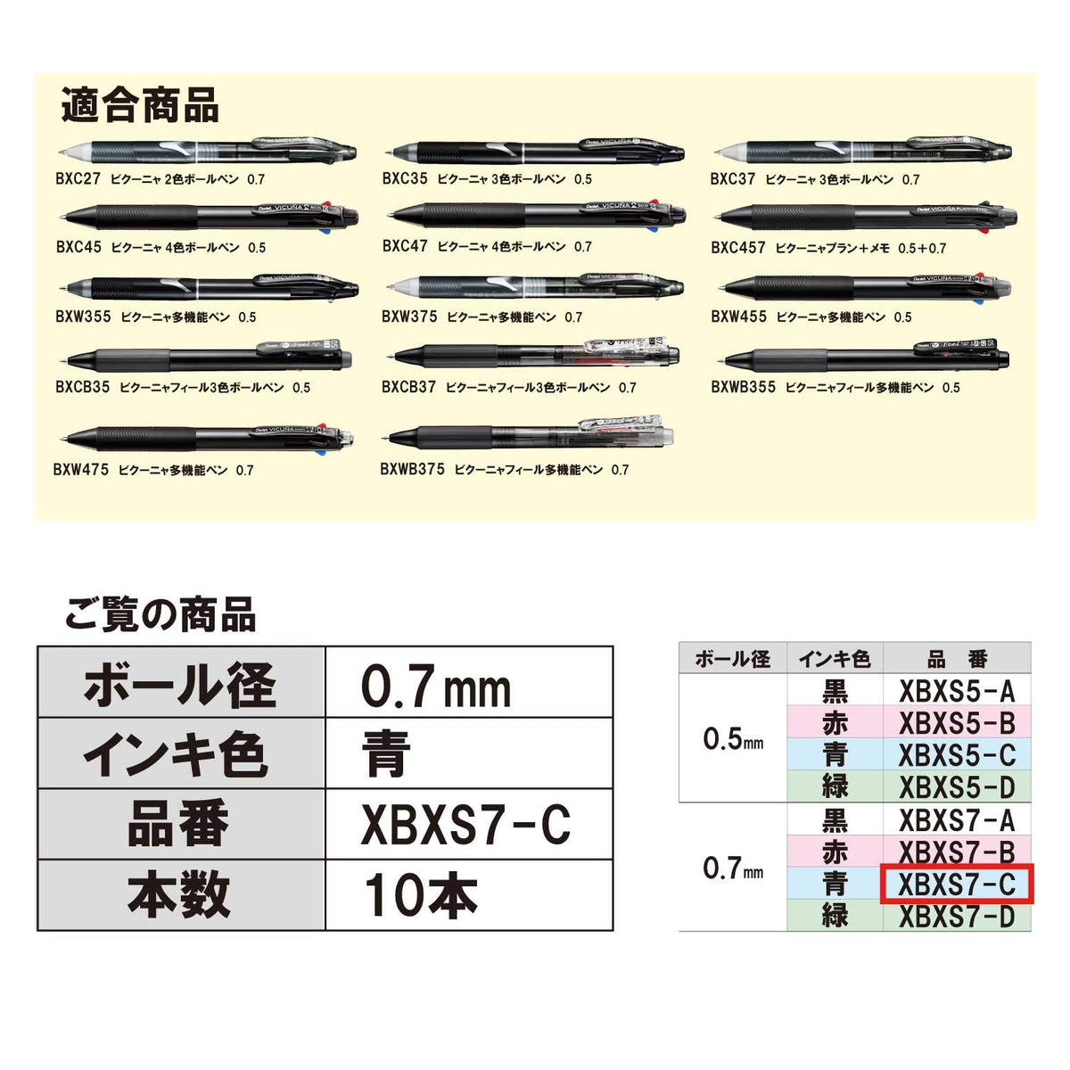 Pentel XBXS7-C Vicuna Multi-Functional Ballpoint Pen Refills, 0.03 inches (0.7 mm), Blue, 10 Pieces
