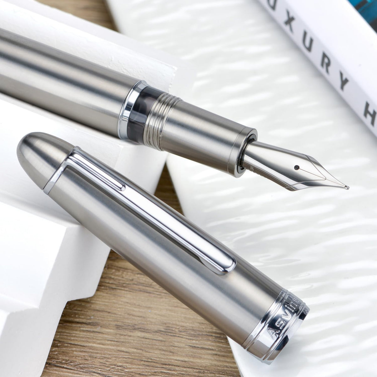 Asvine J16 Solid Titanium Fountain Pen Jowo Fine Nib Piston Filling, Ink Window Design with Wrench