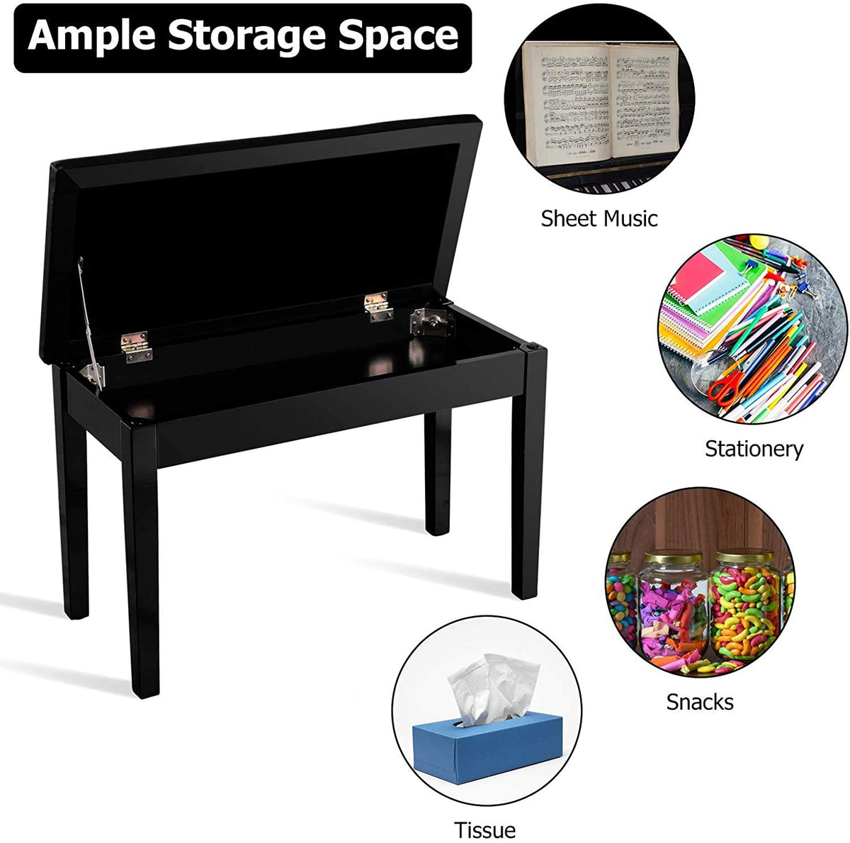 GOFLAME Duet Piano Bench, Black, PU Leather, Solid Wood Construction, Hidden Music Storage, 360 lbs