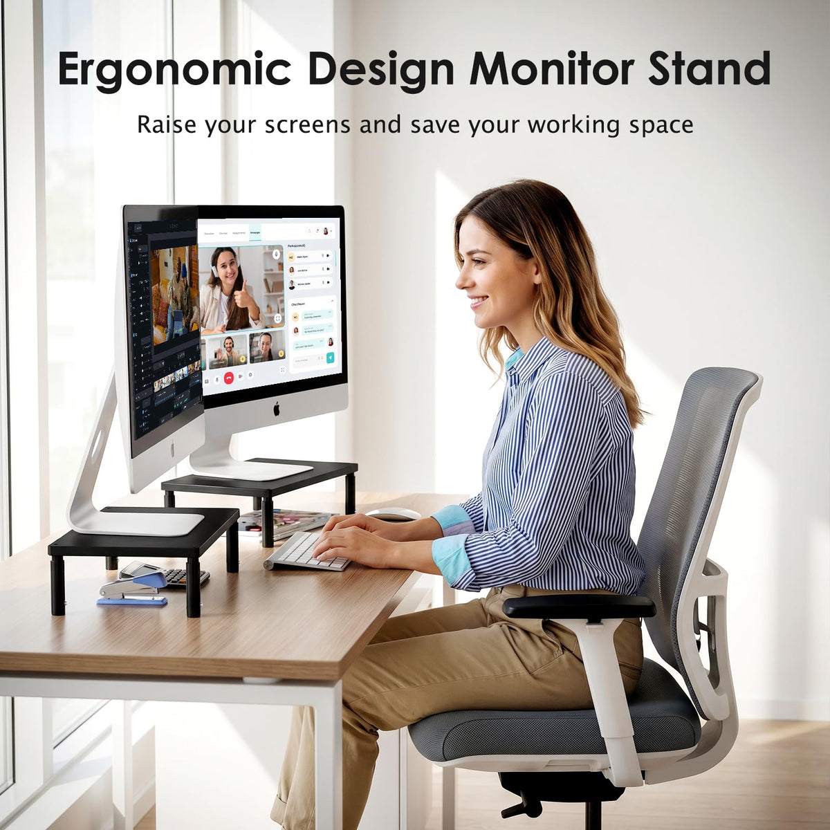 ECOLOVI Adjustable Wood Computer Monitor Stand Riser, Office Desk Organizer and Accessories for