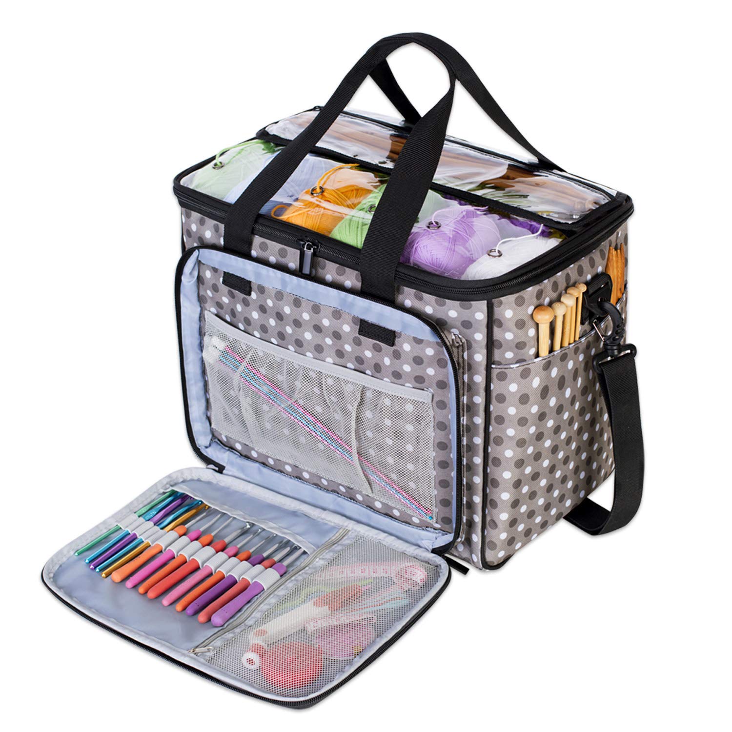 Teamoy Knitting Bag, Yarn Storage Organizer Crochet Bag Tote, Gray Dots