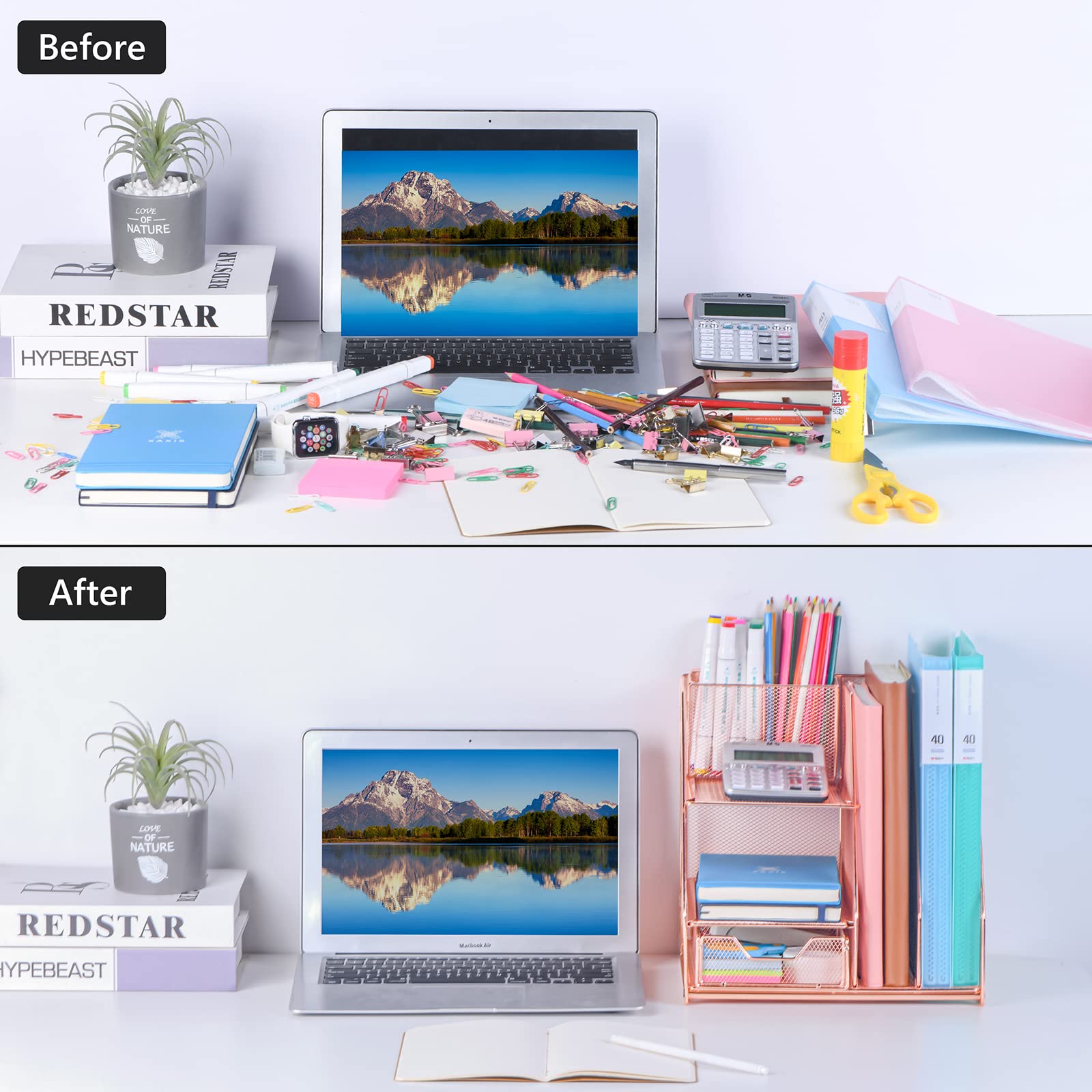 Topwey Rose Gold Desk Accessories, Office Supplies Desk Organizer Caddy with Sliding Drawer, Double