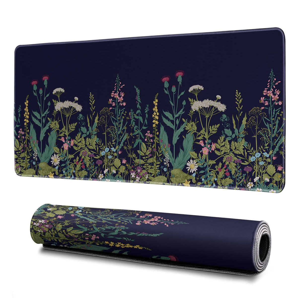 Wildflower Mouse Pad Abstract Black Mouse Pad 31.5x11.8 Inch Flower Texture Non-Slip Rubber Base