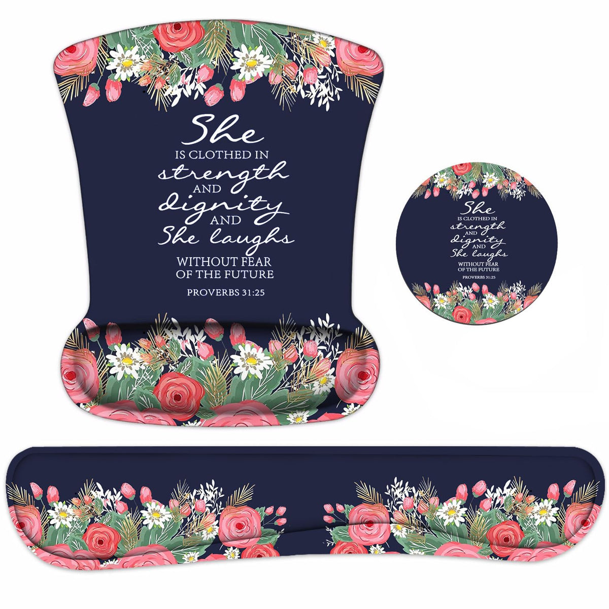 Keyboard Wrist Rest and Mouse Pad Wrist Support Set with Coasters, Floral Quote Bible Verses