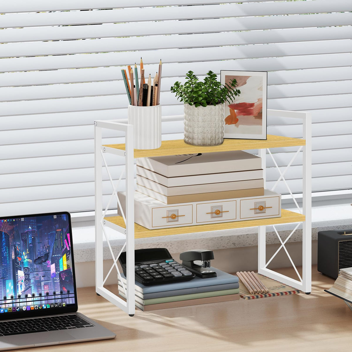 YINMIT Desktop Shelf Organizer, 2 Tier Office Shelves, Wood Desk Organizer Storage Rack and